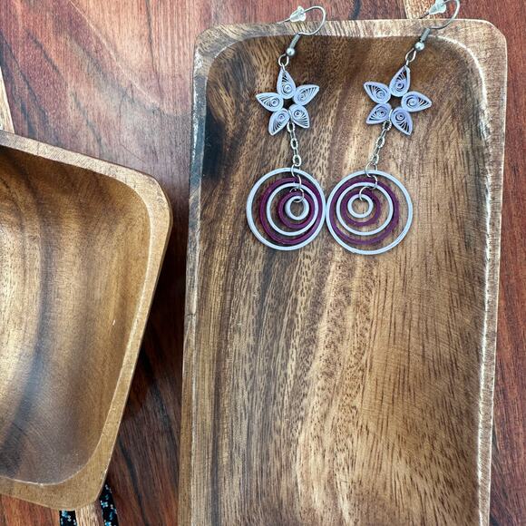 Dangle Quilled Hoop and Star Earrings Purple Paper Quilling Boho Peasant Cottage - Picture 1 of 4